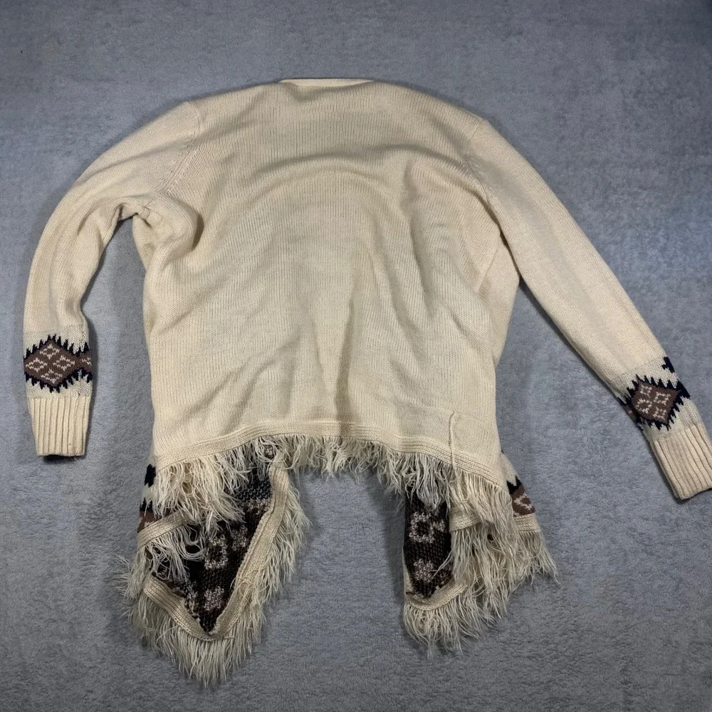 No Boundaries Cardigan Women Large L Cream Southwestern Fringe Open‎ Front Knit